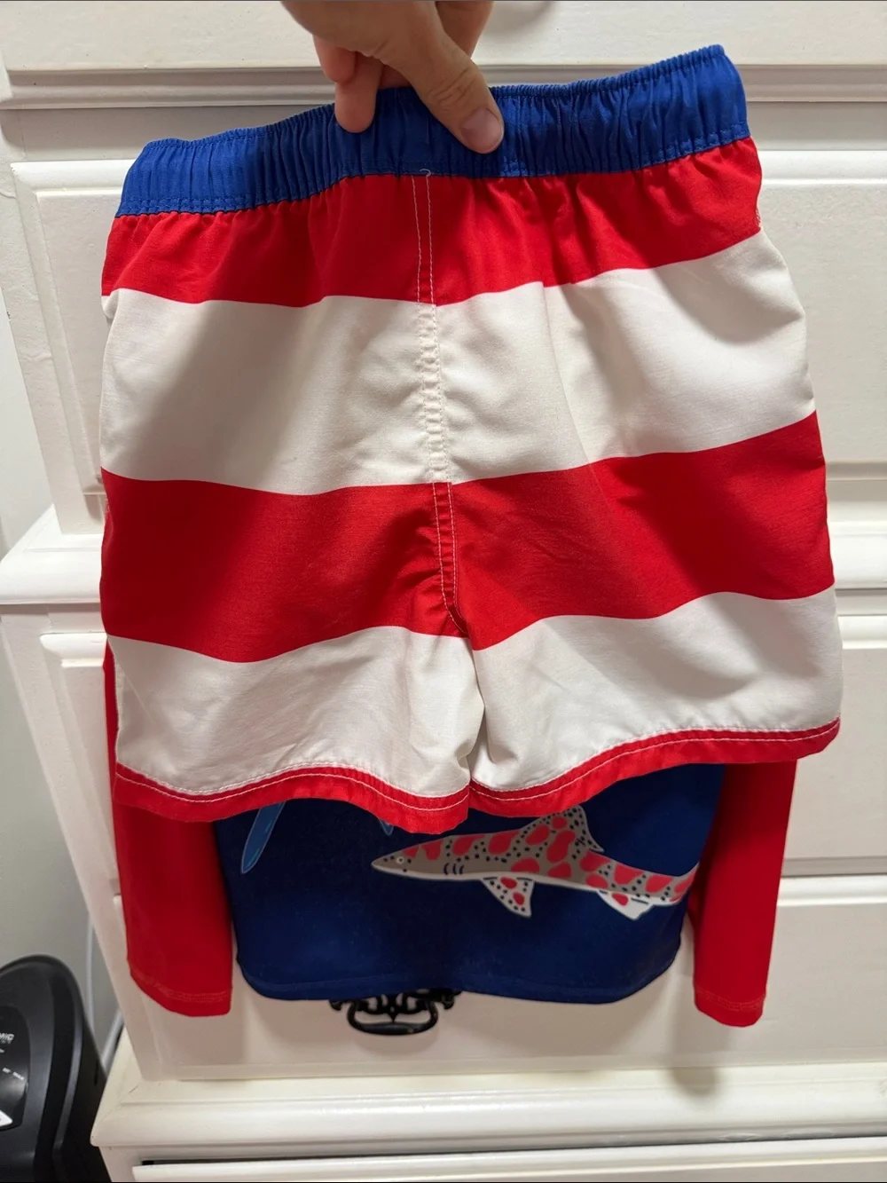 Mini Boden Kids Rash Guard Swim Shirt - Navy & Red Sharks and shorts set